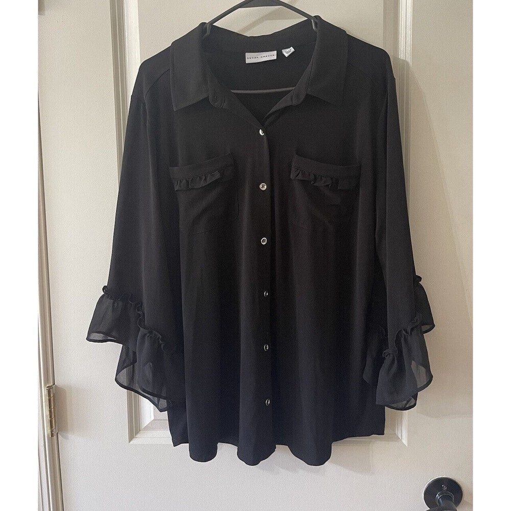 Susan Graver Women’s Size Large Black Blouse Ruffle Trim Career